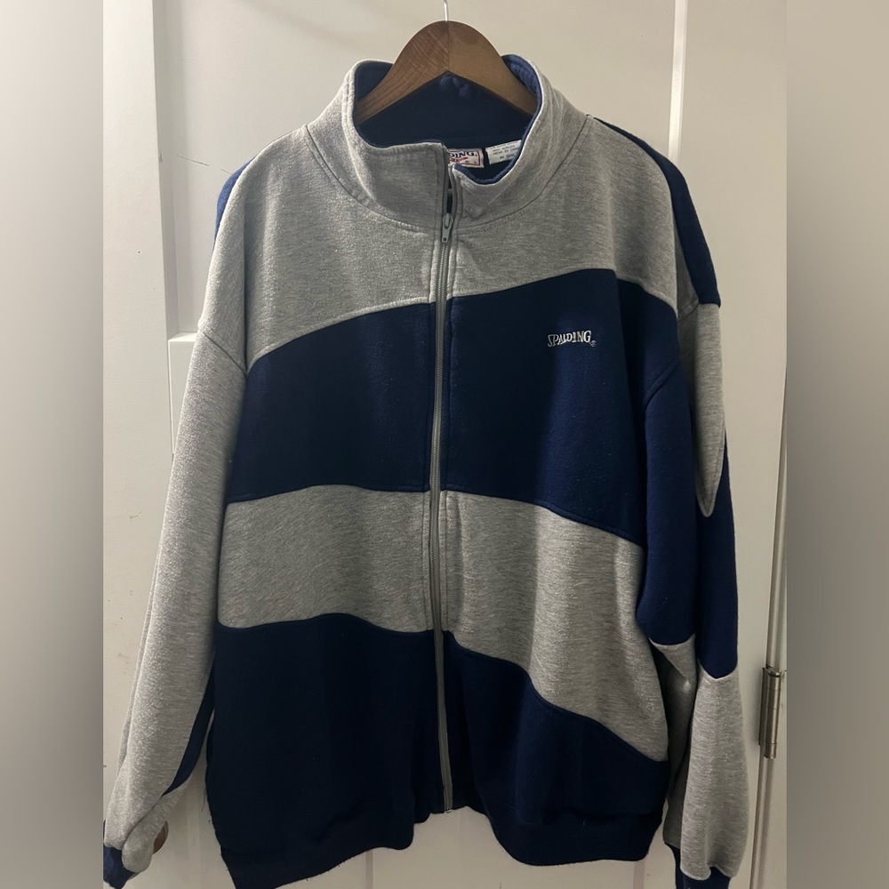 Men’s Vintage Spalding Navy Gray Striped Zip-Up Sweatshirt XL Pockets Jacket